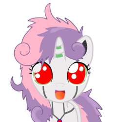 Size: 1024x1095 | Tagged: safe, artist:dtavs.exe, sweetie belle, pony, robot, unicorn, g4, bed mane, big eyes, female, filly, foal, hooves, horn, looking at you, messy mane, modified, open mouth, simple background, solo, sweetie bot, transparent background