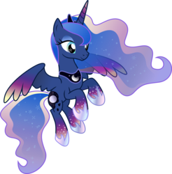 Size: 6385x6500 | Tagged: safe, artist:theshadowstone, princess luna, alicorn, pony, g4, absurd resolution, ethereal mane, female, flying, horseshoes, jewelry, mare, rainbow power, rainbow power-ified, rearing, regalia, simple background, smiling, solo, spread wings, starry eyes, transparent background, vector, wingding eyes
