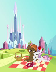 Size: 7851x10001 | Tagged: safe, artist:lockerobster, artist:medio-cre, button mash, sweetie belle, g4, absurd resolution, chocolate, cider, colt, crystal empire, diamond, female, filly, foal, male, minecraft, necklace, picnic, rose, ship:sweetiemash, shipping, straight