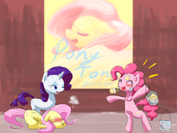 Size: 2000x1500 | Tagged: safe, artist:yajima, fluttershy, pinkie pie, rarity, pony, filli vanilli, g4, bipedal, blushing, embarrassed, paint bucket, paint on fur, paintbrush, painting, pixiv, sweat, trio