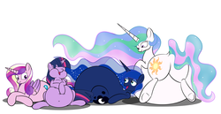 Size: 8500x4400 | Tagged: dead source, safe, artist:zeldafan777, princess cadance, princess celestia, princess luna, twilight sparkle, alicorn, pony, absurd resolution, alicorn tetrarchy, belly, belly bed, belly button, big belly, butt, chubby, chubby cheeks, chubbylestia, fat, female, immobile, impossibly large belly, mare, morbidly obese, obese, overweight, plot, princess moonpig, sisters-in-law, squishy, squishy belly, stuffed, stuffing, twilard sparkle, twilight sparkle (alicorn), weight gain