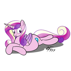 Size: 3400x3400 | Tagged: safe, artist:zeldafan777, princess cadance, g4, belly, chubby, fat, female, princess decadence, prone, simple background, smiling, solo, stuffed, stuffing, weight gain