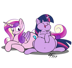 Size: 3600x3400 | Tagged: dead source, safe, artist:zeldafan777, princess cadance, twilight sparkle, alicorn, pony, g4, belly, belly button, chubby, chubby cheeks, fat, female, mare, simple background, sisters-in-law, stuffed, stuffing, twilard sparkle, twilight sparkle (alicorn), weight gain, white background