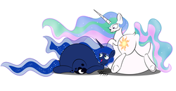 Size: 8500x4400 | Tagged: safe, artist:zeldafan777, princess celestia, princess luna, alicorn, pony, g4, absurd resolution, belly, belly bed, big belly, butt, chubby, chubbylestia, duo, duo female, fat, female, immobile, impossibly large belly, mare, obese, overweight, plot, princess moonpig, royal sisters, stuffed, stuffing, weight gain
