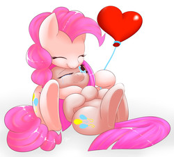 Size: 2802x2534 | Tagged: safe, artist:bubble kitten17, pinkie pie, earth pony, pony, g4, balloon, comforting, crying, cute, cuteamena, diapinkes, duality, duo, eyes closed, female, heart balloon, high res, hug, mare, one eye closed, pinkamena diane pie, self ponidox, simple background, smiling, underhoof