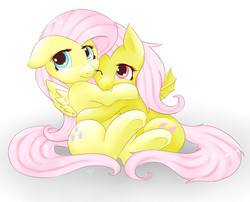 Size: 2820x2276 | Tagged: safe, artist:bubble kitten17, fluttershy, bat pony, pony, g4, biting, consensual vampirism, cute, duality, duo, fangs, floppy ears, flutterbat, hug, looking at you, nom, nuzzling, race swap, self ponidox, shyabetes, smiling, underhoof, wink