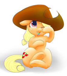 Size: 1709x1922 | Tagged: safe, artist:bubble kitten17, applejack, bat pony, pony, g4, applebat, eating, fangs, female, on back, one eye closed, race swap, solo, underhoof, zap apple