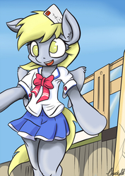 Size: 636x900 | Tagged: safe, artist:mistydash, derpy hooves, pony, semi-anthro, g4, bipedal, female, letter, solo