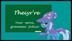 Size: 924x529 | Tagged: safe, trixie, pony, unicorn, g4, chalkboard, female, genius, grammar, mare, solo, theiyr're, troll, trollface, trolling, trollxie