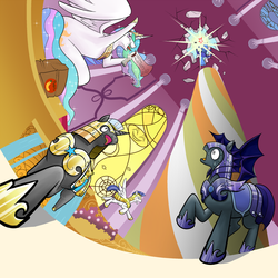 Size: 1500x1500 | Tagged: safe, artist:phoenixperegrine, princess celestia, princess luna, alicorn, bat pony, pegasus, pony, g4, banana bag, bananalestia, cannon, friendship is magic bitch, hoof hold, japanese, megaphone, night guard, open mouth, perspective, pixiv, pony cannonball, publix, raised hoof, royal guard, scared, smiling, spread wings, surprised, sweat, to the moon, tongue out, trollestia, wide eyes