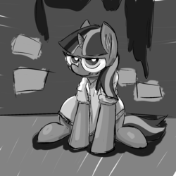 Size: 1425x1425 | Tagged: safe, artist:olympic tea bagger, twilight sparkle, g4, black and white, bnw, brick, clothes, female, grayscale, grudge, hoodie, solo, teenager