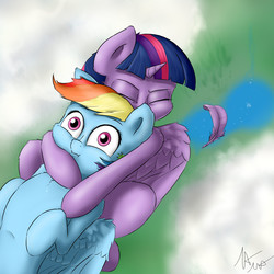 Size: 2400x2400 | Tagged: safe, artist:captainpudgemuffin, rainbow dash, twilight sparkle, alicorn, pony, g4, female, flying, from behind, hug, lesbian, mare, midair, ship:twidash, surprised, twilight sparkle (alicorn), vertigo