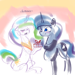 Size: 2000x2000 | Tagged: safe, artist:alumx, princess celestia, princess luna, g4, 30 minute art challenge, blushing, eyes closed, floppy ears, present, raised hoof, sitting, smiling, standing