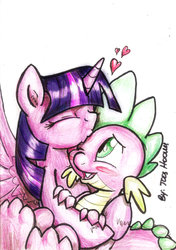 Size: 1024x1458 | Tagged: safe, artist:jcosneverexisted, spike, twilight sparkle, alicorn, pony, g4, female, forehead kiss, heart, kissing, mama twilight, mare, spikelove, twilight sparkle (alicorn)