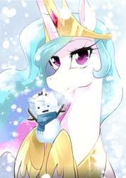 Size: 600x844 | Tagged: safe, artist:yukina-namagaki, princess celestia, alicorn, pony, g4, female, jewelry, looking at you, mare, regalia, snowman, snowpony, solo