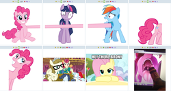 Size: 1019x543 | Tagged: safe, cotton cloudy, fluttershy, pinkie pie, rainbow dash, shady daze, torch song, tornado bolt, twilight sparkle, twist, zippoorwhill, derpibooru, g4, a1 steak sauce, exploitable meme, forced juxtaposition, fourth wall, juxtaposition, juxtaposition win, meme, meta, the ponytones