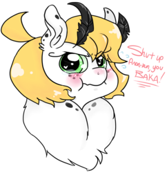 Size: 925x955 | Tagged: safe, artist:buttersketch, oc, oc only, oc:butterscotch, mothpony, original species, blushing, crying, ear fluff, fluffy, heart, looking at you, moth pony general, scrunchy face, solo, tsundere
