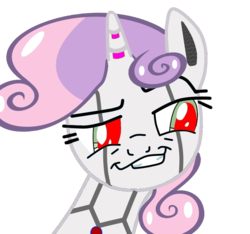 Size: 1024x960 | Tagged: safe, artist:dtavs.exe, edit, sweetie belle, pony, robot, unicorn, g4, 1000 hours in ms paint, bust, female, filly, foal, horn, modified, ms paint, portrait, simple background, smiling, smug, smugdash, solo, sweetie bot, teeth, transparent background