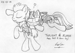 Size: 1516x1076 | Tagged: safe, artist:valorcrow, flash sentry, twilight sparkle, alicorn, pony, g4, cute, female, heart, hearts and hooves day, male, mare, monochrome, ship:flashlight, shipping, sleeping, straight, twilight sparkle (alicorn)