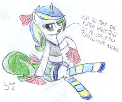 Size: 1853x1551 | Tagged: safe, artist:bamthand, oc, oc only, oc:olive martini, pony, unicorn, cheerleader, clothes, midriff, skirt, socks, solo, sports bra, striped socks, traditional art, wig