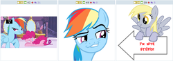 Size: 766x271 | Tagged: safe, derpy hooves, pinkie pie, rainbow dash, pegasus, pony, derpibooru, g4, exploitable meme, female, i'm with stupid, juxtaposition, juxtaposition win, mare, meme, meta