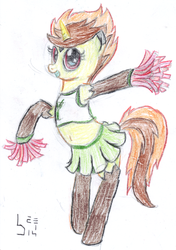 Size: 1410x2008 | Tagged: safe, artist:bamthand, oc, oc only, pony, unicorn, belly button, bipedal, cheerleader, clothes, midriff, skirt, solo, sports bra, traditional art