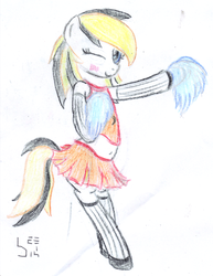 Size: 1349x1751 | Tagged: safe, artist:bamthand, oc, oc only, oc:noxie, pegasus, pony, belly button, bipedal, cheerleader, clothes, midriff, rule 63, skirt, socks, solo, sports bra, traditional art