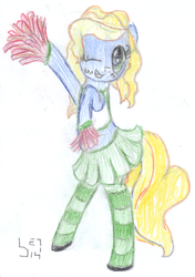 Size: 1265x1796 | Tagged: safe, artist:bamthand, oc, oc only, oc:malibu, pony, bipedal, cheerleader, clothes, midriff, skirt, socks, solo, sports bra, striped socks, traditional art