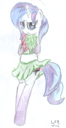 Size: 1013x1943 | Tagged: safe, artist:bamthand, oc, oc only, oc:indigo wire, pony, unicorn, bipedal, cheerleader, clothes, female, midriff, panties, skirt, solo, sports bra, traditional art, underwear