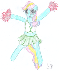 Size: 1850x2214 | Tagged: safe, artist:bamthand, oc, oc only, oc:candy axe, pony, cheerleader, clothes, cute, jumping, midriff, pom pom, skirt, skirt lift, solo, traditional art