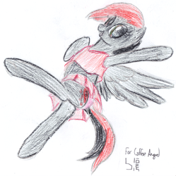 Size: 1657x1666 | Tagged: safe, artist:bamthand, oc, oc only, pegasus, pony, cheerleader, clothes, commission, female, flying, midriff, panties, skirt, solo, traditional art, underwear, upskirt