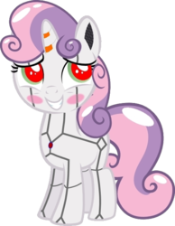 Size: 486x625 | Tagged: safe, artist:dtavs.exe, sweetie belle, pony, robot, unicorn, g4, blushing, excited, female, filly, foal, hooves, horn, modified, simple background, smiling, solo, squee, sweetie bot, teeth, transparent background