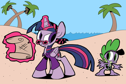 Size: 4500x3000 | Tagged: safe, artist:joeywaggoner, idw, spike, twilight sparkle, alicorn, pony, g4, bandana, beach, clothes, coconut, female, glasses, magic, mare, palm tree, pirate, sand, scroll, telekinesis, tree, twilight sparkle (alicorn)