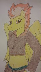 Size: 1024x1786 | Tagged: safe, artist:fluttershysshadow, spitfire, anthro, g4, belly button, clothes, female, midriff, panties, solo, traditional art, underwear