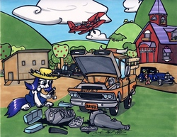 Size: 3300x2551 | Tagged: safe, artist:sketchywolf-13, applejack, rarity, pony, unicorn, g4, simple ways, applejewel, car, engine, female, mare, mechanic, plane, propeller plane, rarihick, traditional art, transmission, v8