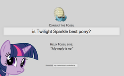 Size: 839x514 | Tagged: safe, twilight sparkle, omanyte, g4, best pony, consult the fossil, frown, helix fossil, inverted mouth, lord helix, pokémon, twiface, twitch plays pokémon