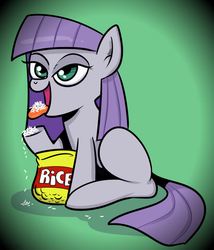 Size: 500x583 | Tagged: safe, artist:catfood-mcfly, maud pie, comic:daddy and me, g4, derp, eating, female, filly, herbivore, open mouth, rice, simple background, sitting, smiling, solo, tongue out, younger