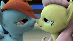 Size: 600x337 | Tagged: safe, artist:twily404, fluttershy, rainbow dash, pegasus, pony, g4, 3d, animated, bedroom eyes, duo, eye contact, eyes closed, female, gmod, kiss on the lips, kissing, lesbian, mare, ship:flutterdash, shipping, smiling