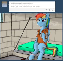Size: 908x879 | Tagged: safe, artist:thebathwaterhero, rainbow dash, g4, ball and chain, clothes, female, prison, prison outfit, prisoner rd, solo, tumblr, weight lifting