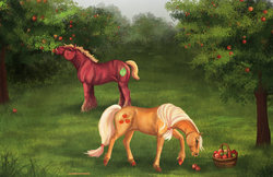 Size: 900x582 | Tagged: safe, artist:ladyinsomnia22, applejack, big macintosh, earth pony, pony, g4, apple tree, basket, male, realistic, stallion, tree, unshorn fetlocks