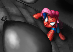 Size: 957x684 | Tagged: safe, artist:erudier, pinkie pie, earth pony, pony, g4, crossover, female, mare, solo, spider-man, spider-pony
