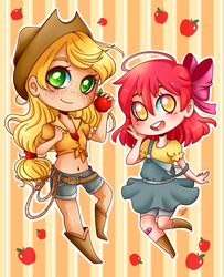 Size: 590x727 | Tagged: safe, artist:cysco-inu, apple bloom, applejack, human, g4, apple, belly button, chibi, clothes, denim, denim dress, dress, front knot midriff, humanized, light skin, midriff