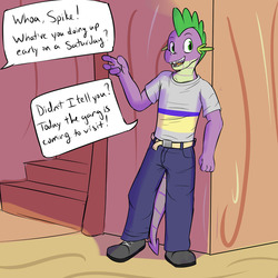 Size: 1280x1280 | Tagged: safe, artist:fuzebox, spike, dragon, anthro, plantigrade anthro, g4, clothes, jeans, male, older, older spike, pants, shirt, shoes, solo, speech bubble, spike's journey, teenage spike, teenaged dragon, teenager