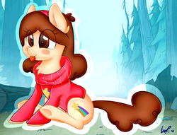 Size: 2292x1750 | Tagged: safe, artist:shyshyoctavia, earth pony, pony, :p, blush sticker, blushing, chest fluff, clothes, crossover, cute, female, forest, gravity falls, mabel pines, male, mare, nature, ponified, silly, sitting, smiling, solo, sweater, tongue out, turtleneck, underhoof