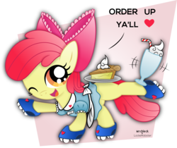 Size: 3576x3000 | Tagged: safe, artist:lockerobster, artist:mrcbleck, apple bloom, earth pony, pony, g4, adorabloom, clothes, collaboration, cute, female, filly, food, heart, hnnng, looking at you, milkshake, misspelling, pie, roller skates, smiling, solo, waitress, weapons-grade cute, wink, y'all, ya'll