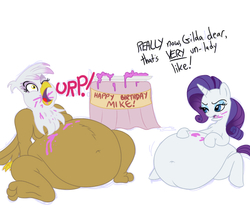 Size: 675x600 | Tagged: safe, artist:dustin, gilda, rarity, griffon, pony, unicorn, g4, belly, belly button, big belly, birthday, birthday cake, bloated, burp, cake, fat, food baby, gildough, raritubby, simple background, stuffed, white background
