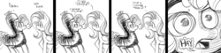 Size: 2913x700 | Tagged: safe, artist:fauxsquared, fluttershy, pinkie pie, earth pony, pegasus, pony, g4, black and white, blatant lies, clothes, comic, costume, dialogue, female, grayscale, hay, lineart, mare, monochrome, ponies eating meat, sausage, sketch