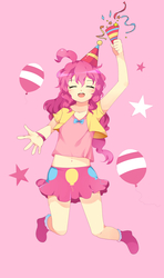 Size: 1570x2660 | Tagged: safe, artist:flora, pinkie pie, human, g4, balloon, belly button, blushing, clothes, confetti, cute, diapinkes, eyes closed, female, hat, humanized, light skin, midriff, open mouth, party hat, party popper, pink background, pixiv, simple background, skirt, solo, stars, streamers