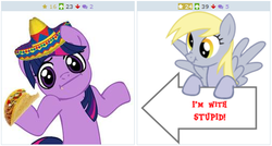 Size: 513x274 | Tagged: safe, derpy hooves, twilight sparkle, pegasus, pony, derpibooru, g4, exploitable meme, fake juxtaposition win, female, i'm with stupid, juxtaposition, juxtaposition win, mare, meme, meta, sombrero, taco, taco twilight