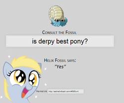 Size: 635x528 | Tagged: safe, derpy hooves, omanyte, pegasus, pony, g4, best pony, consult the fossil, female, happy, helix fossil, lord helix, mare, pokémon, smiling, twitch plays pokémon